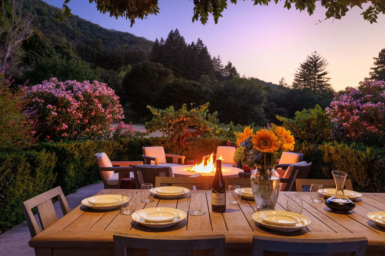 Modern farmhouse with pool surrounded by vineyard rows and forested hills in background