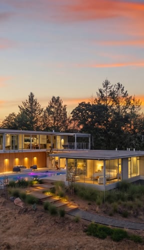 Glass-walled house at dusk with a lit pool and hillside views
