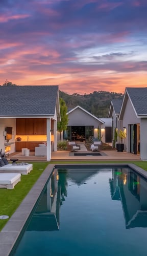 Modern villa exterior with pool and patio at golden hour