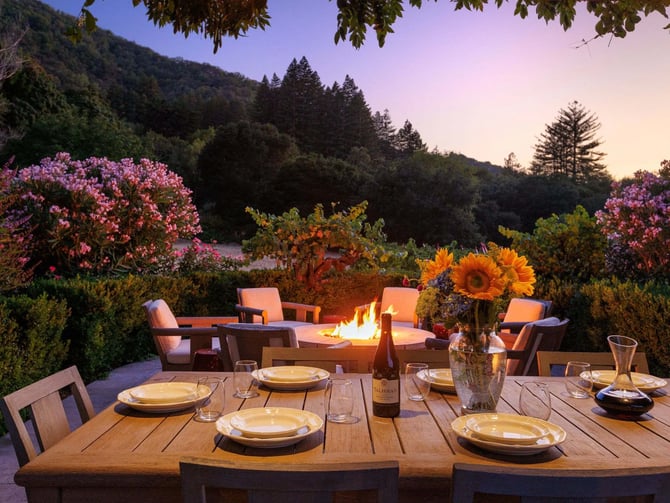 Modern farmhouse with pool surrounded by vineyard rows and forested hills in background